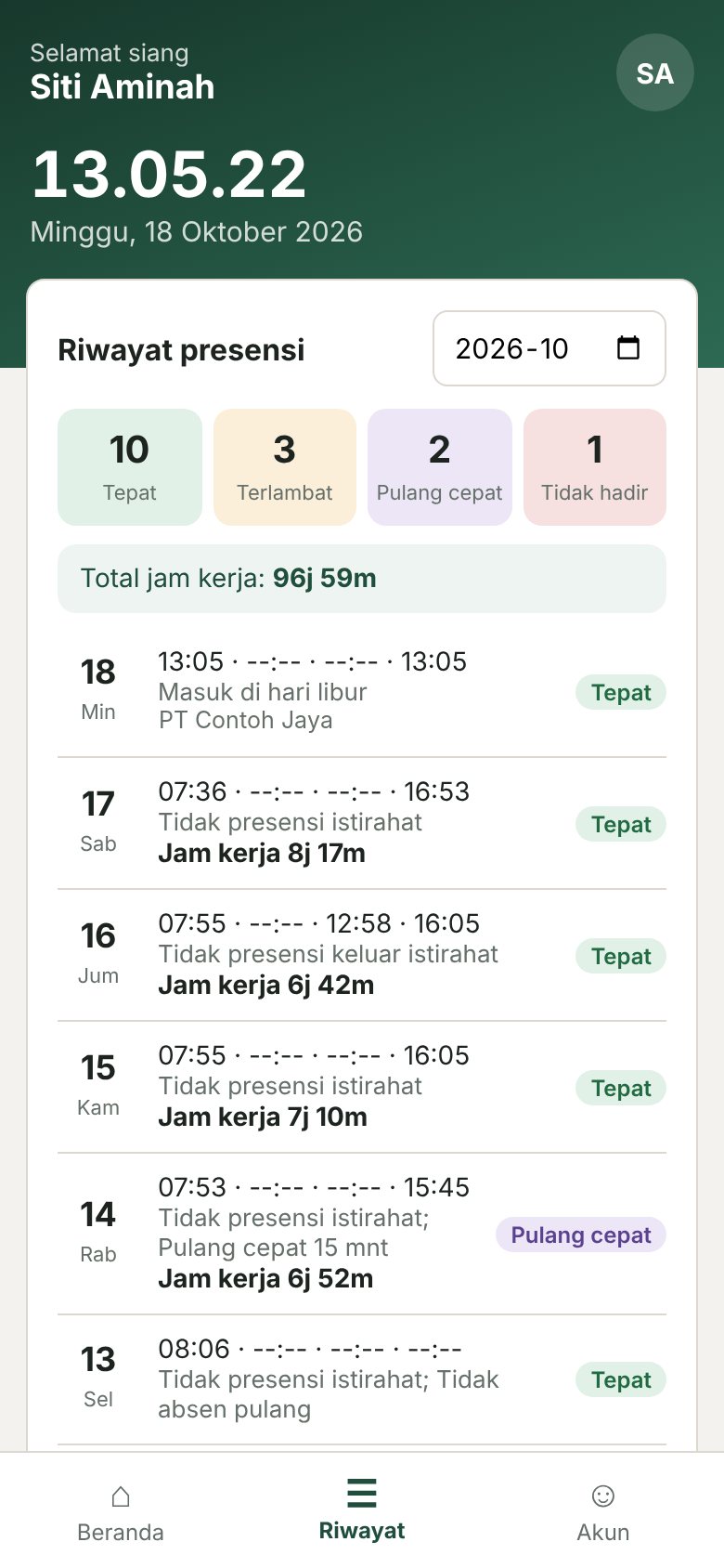 Riwayat presensi di HP karyawan