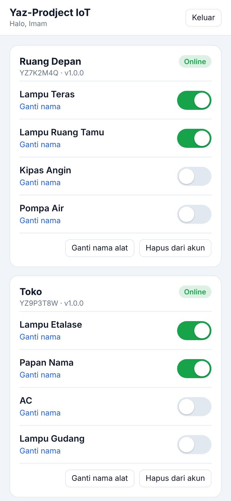 Dashboard saklar di HP: dua alat online dengan tombol nyala-mati
